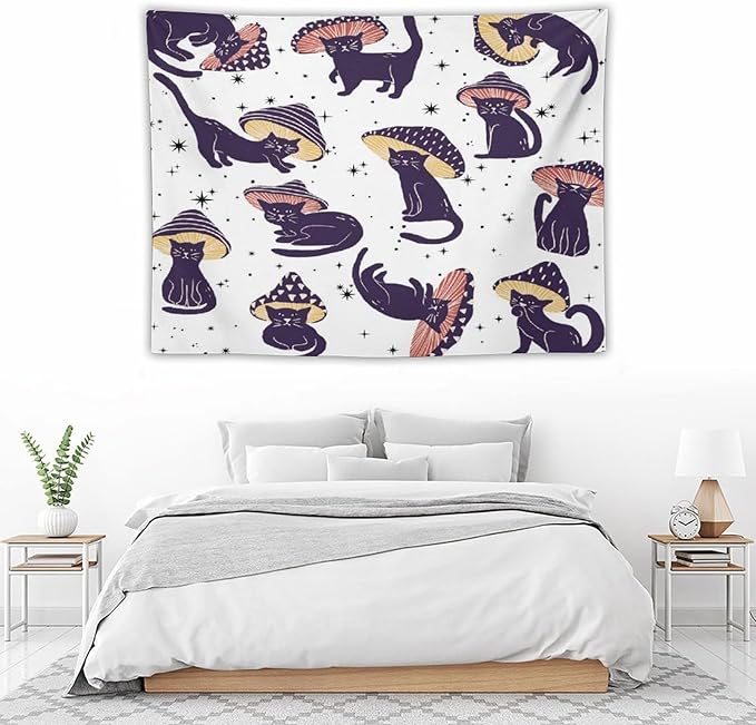 VUMIVI Funny Cat Mushroom Tapestry Retro 70s Hippie Style Cute Black Kitten Star Aesthetic Art Print Tapestry Wall Hanging for Living Room Bedroom Dorm Classroom Aesthetic Decor W40xL30in