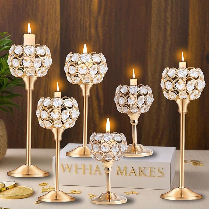 Crystal Metal Tealight Candlestick, Bling Bowl Candelabras, Tall Crystal Candle Holders Elegant Candle Centerpiece for Dining Table Wedding Home Mantel Decor(Golden, 2 Sets(6 Pcs))