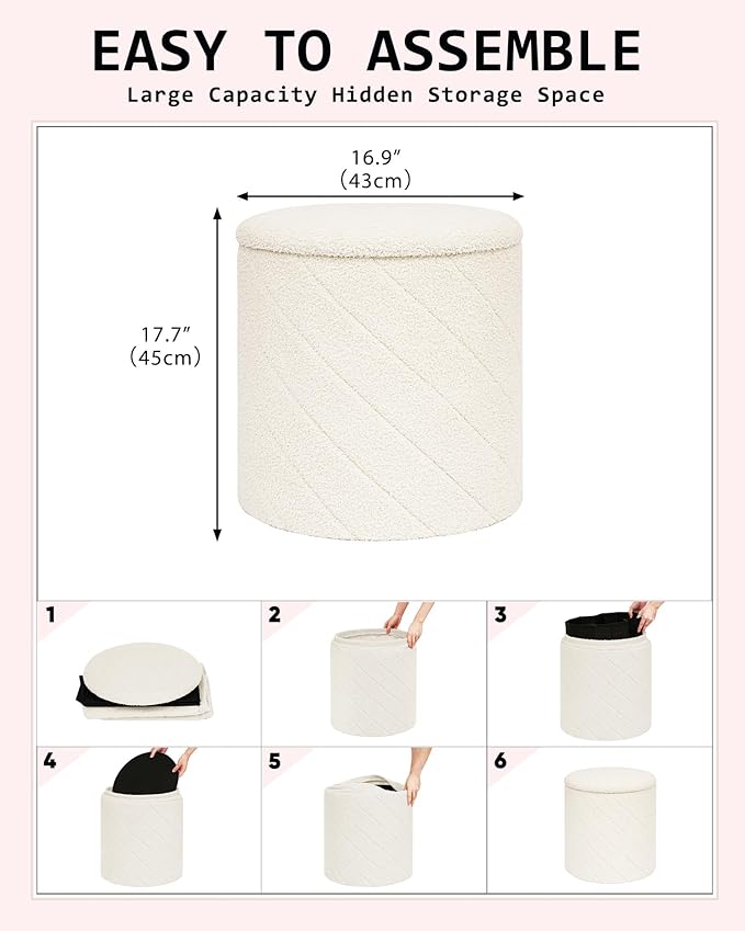 Round Boucle Storage Ottoman with Reversible Wood Tray, 17.7" Sherpa Cylinder Footrest Stool with Storage, Upholstered Folding Ottoman Coffee Table for Living Room Bedroom Dorm, White