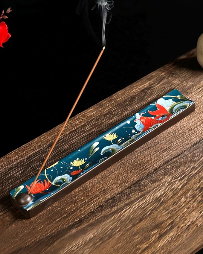 Japanese Incense Stick Holder with Ash Catcher - Ceramic Incense Burner with Traditional Ukiyo-e Art, for Zen Meditation, Home Decor & Gift