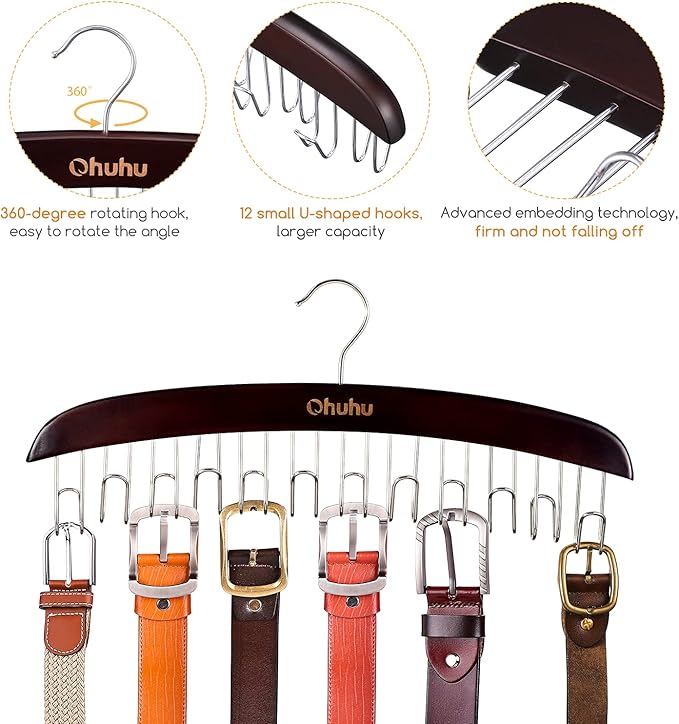 Belt Hanger Organizer for Closet: Ohuhu 2 Pack 12 Hooks Max 36 Belts Tie Rack Wooden Belt Holder for Storage 360 Degree Rotating Space Saver Organizer for Men Women Belt Tie Scarf Accessories-Walnut