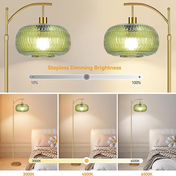 Glass Floor Lamp for Living Room,Bedroom,Gold Dimmable Standing Lamp with Remote,Green Mid Century Modern Brass Vintage Tall Lamp Floor Lamps Arc Boho Floor Light Lamp Bohemian