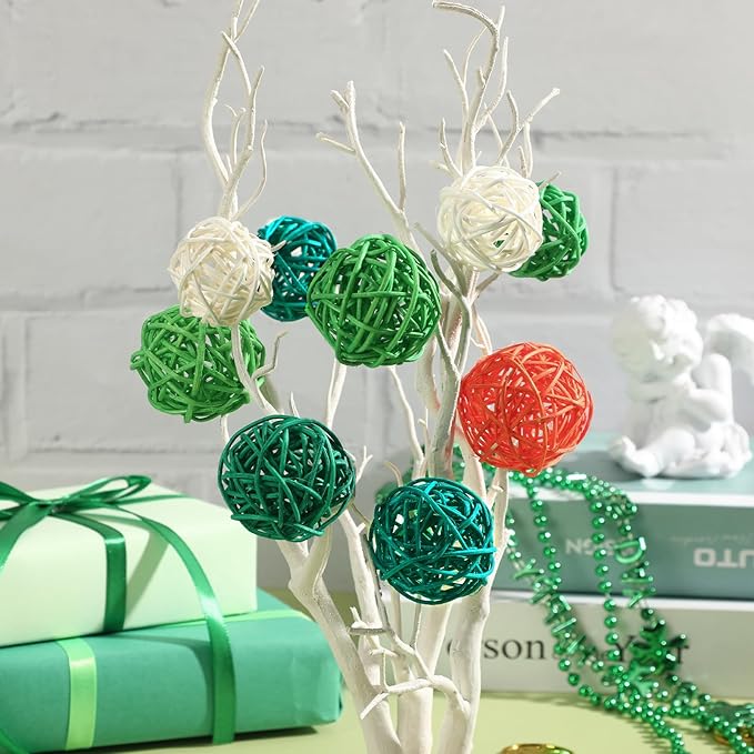 NOVWANG 40 Pcs St. Patrick's Day Green Rattan Balls Decorations Centerpieces Vase Bowl Fillers Wicker Ball for Irish St. Patrick's Day Party Decorative Table Hanging Home Decor DIY Crafts