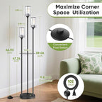 Crystal Floor Lamp for Living Room with Shelves, Industrial Modern Standing Black Lamp with Table for Bedroom, Glass Vintage Unique Tall 3-Lights Fancy Lamp with ON/Off Foot Switch