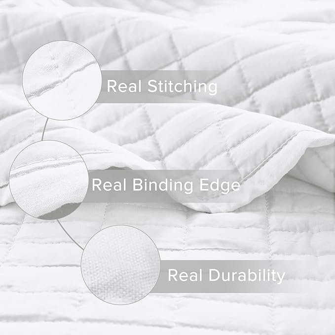 Comfort Spaces Kienna Quilt Set- Double Sided Stitching Design Summer Blanket, Lightweight, Soft, All Season Bedding Layer, Matching Sham, White, Coverlet Twin/Twin XL(66"x90") 2 Piece