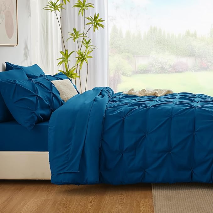 CozyLux King Size Comforter Set Teal, 7 Pieces Pintuck Bed in A Bag Teal Comforter King Size, Pinch Pleat Bedding Set with All Season Comforter, Sheets, Pillowcases & Shams