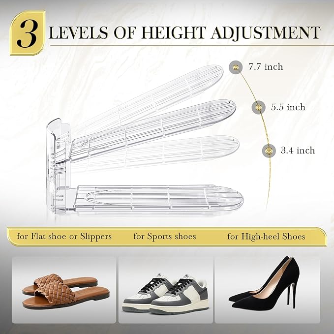 Shoe Slots Organizer 10 Pack - Shoe Stackers,3 Levels Adjustable,Space Savers 50%,Double Layer Holders for Closet (Transparent),Organizador de Zapatos