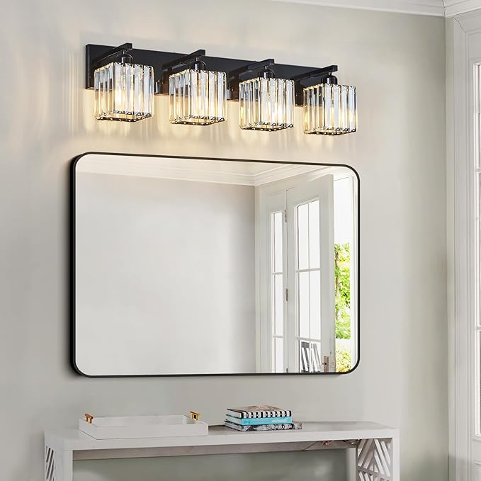 Modern Bathroom Vanity Light 4-Lights Plating Black Crystal Bathroom Wall Light Vanity Light Fixtures