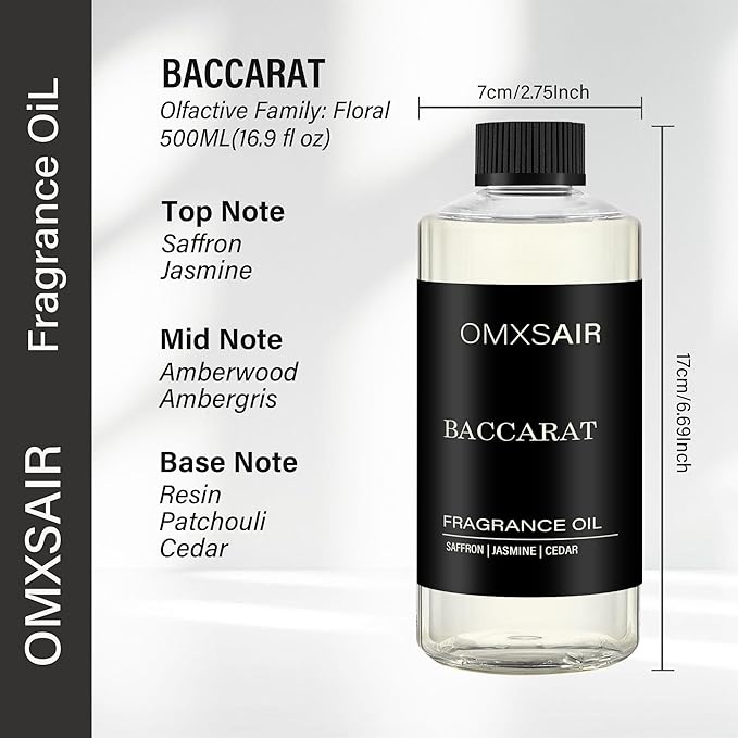 Baccarat Hotel Diffuser Oil Inspired by Baccarat 16.9Fl Oz(500ml) - Hotel Fragrance Diffuser Oil & Home Luxury Scents - Saffron, Cedar,Ambergris Essential Oils Blend for Aromatherapy Diffuser