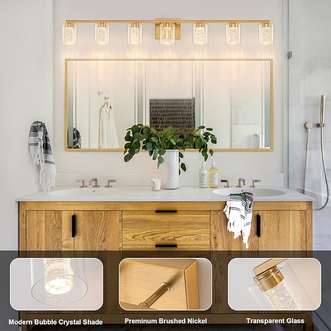 SineRise 7-Light Gold Vanity Light with 3 Color Modes (3000K/4000K/6000K), Eye Protection LED Bathroom Light Fixture, Dimmable Modern Wall Light Over Mirror with Clear Glass Shade