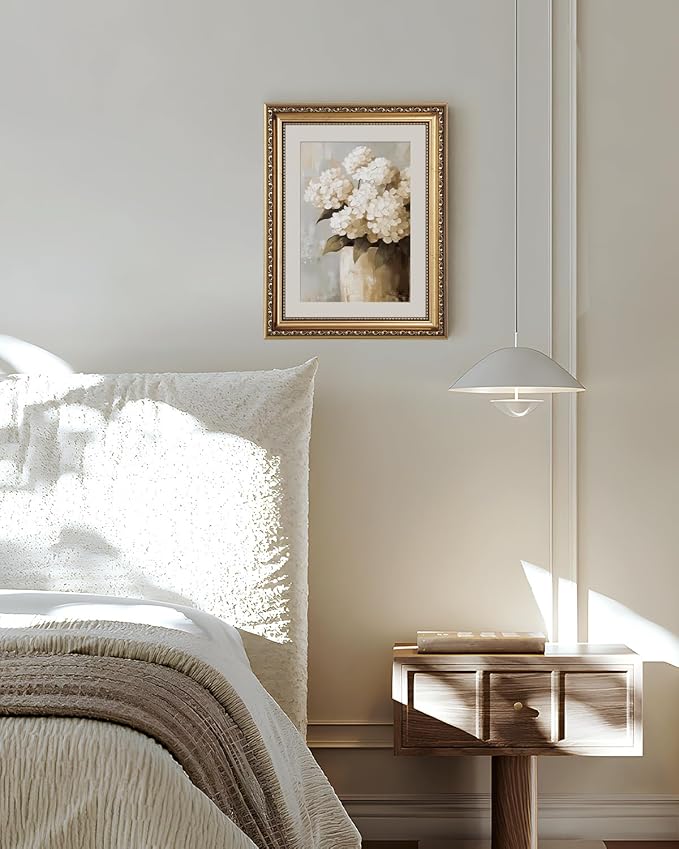 ARPEOTCY Vintage Gold Framed Wall Art Decor, 11x14 Inch Retro White Hydrangeas Prints, Farmhouse Floral Wall Art for Living Room Bedroom, Botanical Bathroom Decor Aesthetic