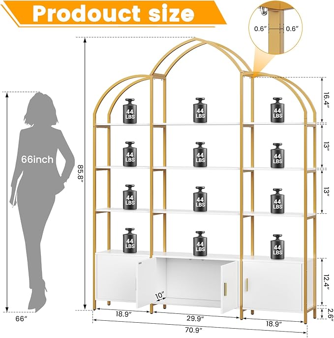 Semoic Arched Bookshelves and Bookcases: Triple Wide 5-Tier Large Open Bookshelf, Etagere Bookcase with Display Shelf for Home Office, White and Gold