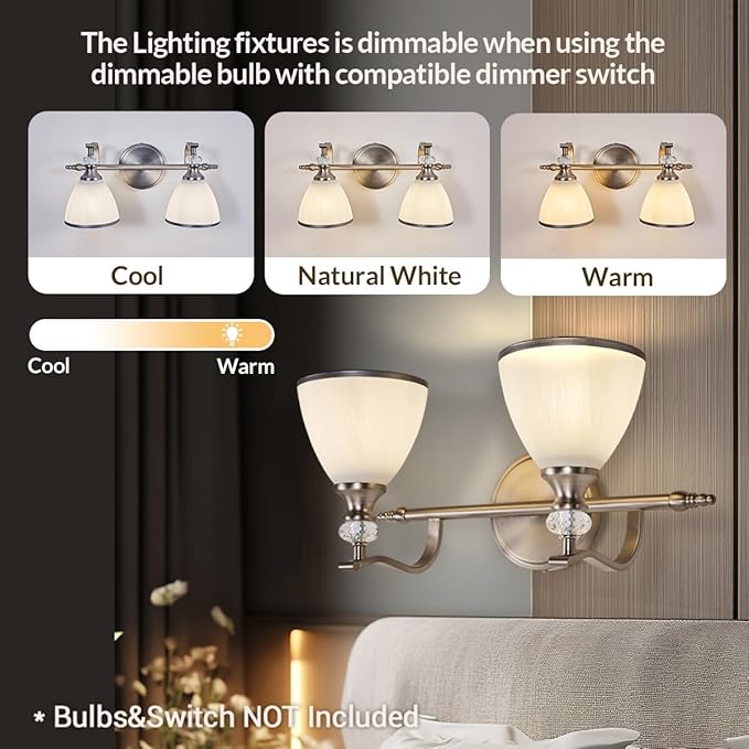 ANDY STAR Brushed Nickel Vanity Light, 2-Light Bathroom Light Fixtures with Milky White Bell-Shape Glass Shades, Eye-Friendly Bathroom Wall Lamp for Mirror, Kitchen, Bedroom, Hallway