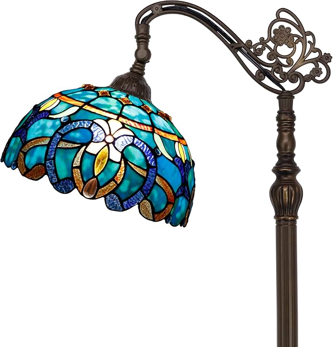 Tiffany Floor Lamp Stained Glass Lamp 18.88X12X67 Inch Angle Adjustable Arched Gooseneck Antique Reading Light (Green Brown Jewelry Baroque)