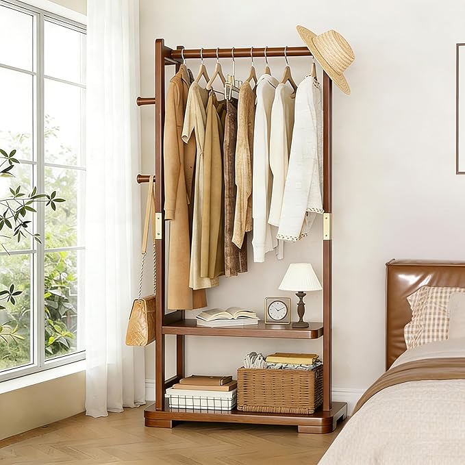 Solid Wood Clothes Rack with 2 Shelves & 4 Hooks for Hanging Clothes Garment Wallets Hats, Clothing Rack Heavy Duty Coat Rack Freestanding with Storage Hall Tree for Hallway Bedroom Living Room