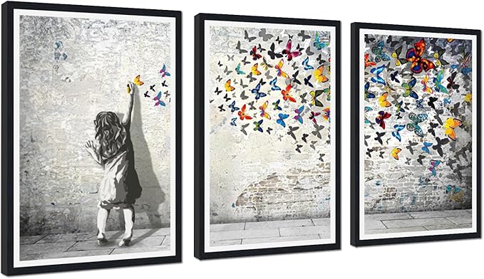 Novatique Graffiti Canvas Wall Art Graffiti Girl with Butterfly Canvas Print Wall Art Street Art Picture Banksy Poster Artwork for Bedroom,24" x 36" x 3pcs