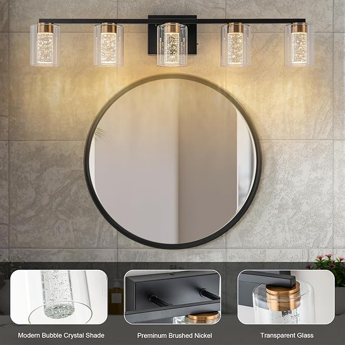 SineRise 5-Light Black and Gold Vanity Light with 3 Color Modes (3000K/4000K/6000K), Eye Protection LED Bathroom Light Fixture, Dimmable Modern Wall Light Over Mirror with Clear Glass Shade