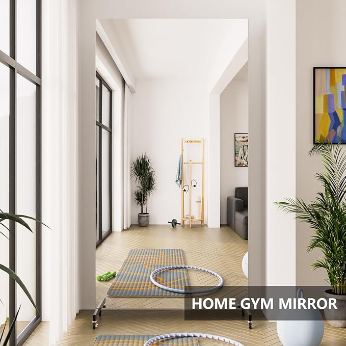 Full Length Mirror with Wheels, 71 "x 40", White, Nano Film Surface Without Glass, shatterproof, Safe, Lightweight, only 13lbs Easy to Move and Install, for Home Gym, Dance & Yoga Studios.