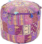 Aakriti Gallery Indian Pouf Footstool Ethnic Embroidered Pouf Cover, Indian Cotton Round Pouffe Ottoman Pouf Cover Pillow Ethnic Decor Art - Cover Only (Purple, 22x14)