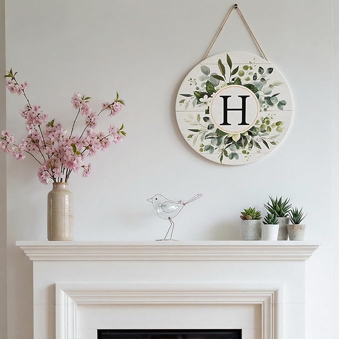 Smile Monogram Letter H Wreaths Wooden Welcome Sign, Family Last Name Initial Front Door Wall Decoration, Floral Spring Summer Porch Rustic Home Kitchen Decor