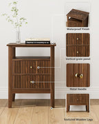 Fluted Nightstand, Farmhouse Night Stand with 2 Drawers, Mid Century Modern Side Accent Table,Bedside End Table for Bedroom, Living Room, Brown