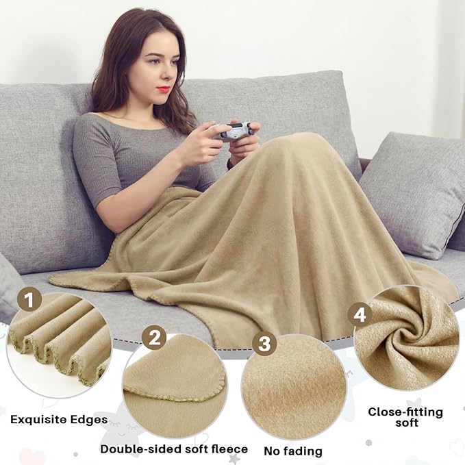 Newwiee 24 Pcs Fleece Throw Blankets Bulk 50'' x 60'' Oeko-tex Standard 100 Certified Spring Outdoor Wedding Guest Blankets Lightweight for Sleepover Donation Lap Pet Sofa Home (Khaki)