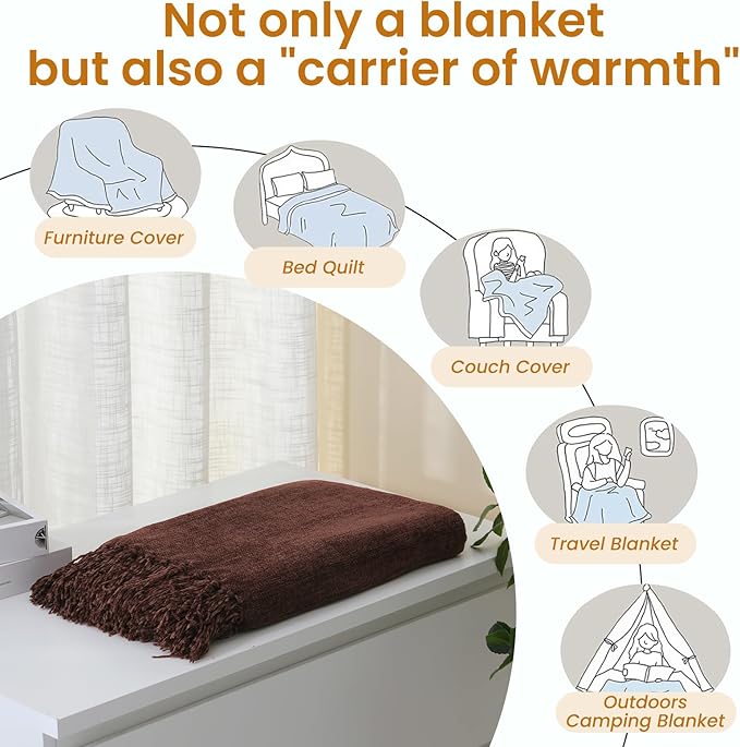 Yoenille Rust Brown Chenille Throw Blanket for Couch Bed，Soft Cozy Throw Blanket with Handmade Fringe, Decorative Blanket for Sofa Chair Living Room for Gift, (Rust Brown,60" x 80")