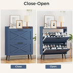 32" W Farmhouse Shoe Storage Cabinet with 2 Flip Drawers and Barn Door Design, Adjustable Shelves, Modern Hidden Slim Narrow Shoe Rack Cabinet for Entryway, Foyer, Hallway, Living Room, Blue