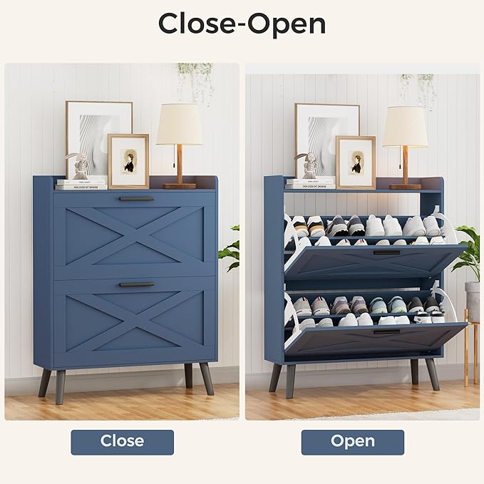 32" W Farmhouse Shoe Storage Cabinet with 2 Flip Drawers and Barn Door Design, Adjustable Shelves, Modern Hidden Slim Narrow Shoe Rack Cabinet for Entryway, Foyer, Hallway, Living Room, Blue