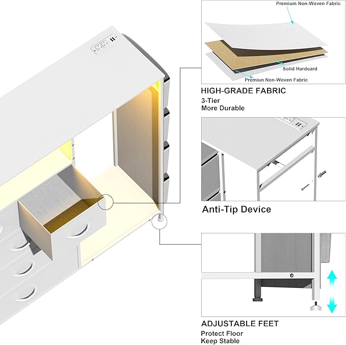 Dresser for Bedroom with Clothes Rack Side Pockets White 5 Drawers Dresser with Charging Station LED Lights Sturdy Steel Frame Wood Top Organizer Unit for Nursery Hallway Closet