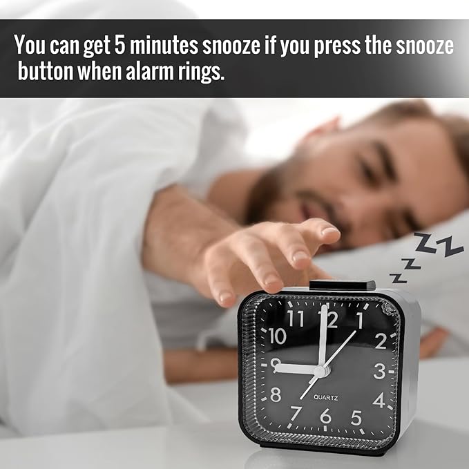 Small Analog Alarm Clock for Bathroom, Black Travel Clock, Battery Operated, Quieter Bedside Dial Clocks for Bedrooms Kitchen, Shelf Desk Clock