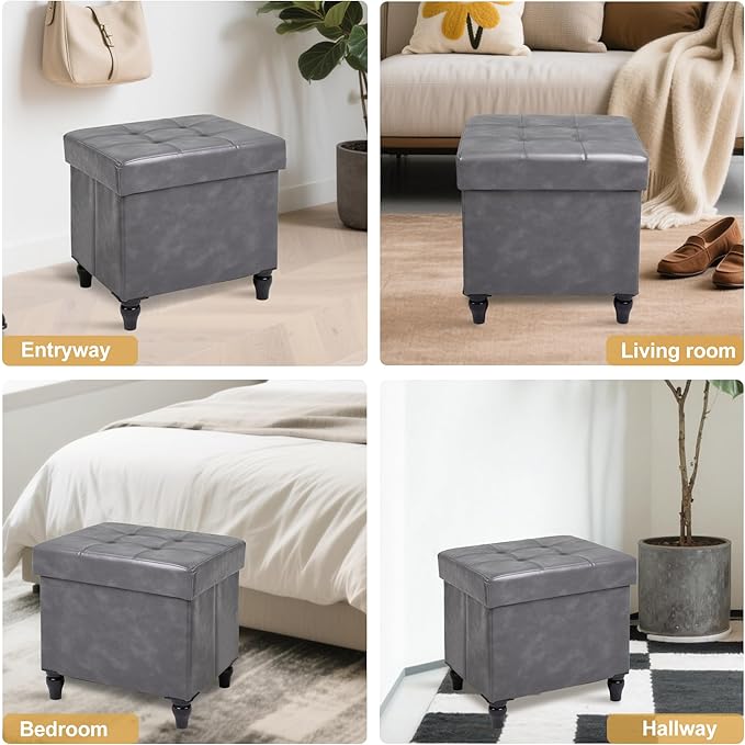 GLAXYFUR Storage Ottoman Bench, 15 Inches Foldable Ottoman Foot Stool with Legs, PU Leather Footrest for Living Room, Bedroom, Dorm (Grey)