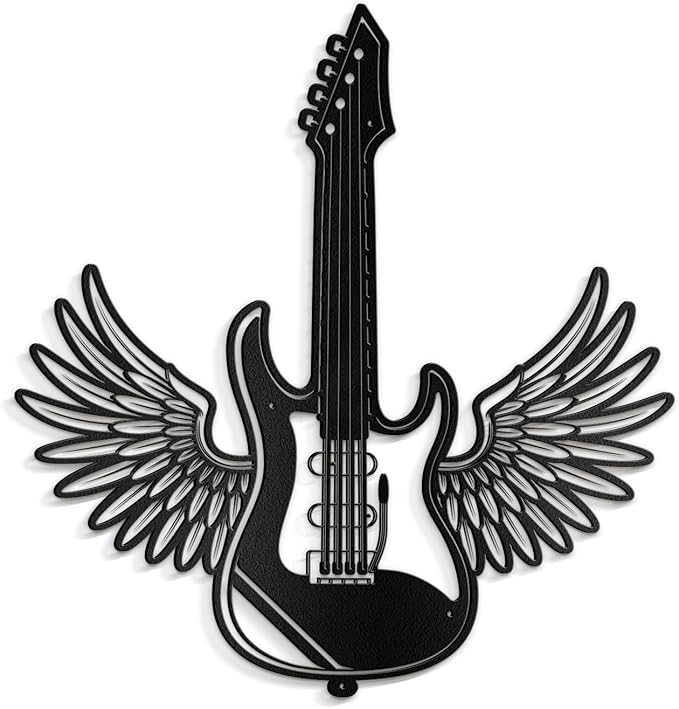 SIGNLEADER Metal Wall Art Decor - Electric Guitar with Wing Minimalist Modern Abstract Wall Sculpture Hanging Home Decoration for Living Room, Bedroom, Bathroom, Kitchen, Studio, Outdoor - 18" Black