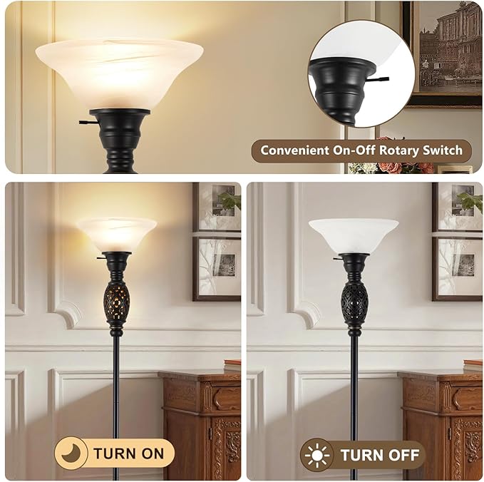 Luvkczc Vintage Floor Lamp with Nightlight, 70" Rustic Standing Lamp with Glass Shade, Victorian Style Tall Lamp Decor for Living Room Bedroom Study Home Office Corner (Bulb Included)
