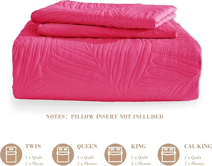 Exclusivo Mezcla King Size Quilt Bedding Set, Lightweight Hot Pink Quilts King Size for All Seasons, Soft Microfiber Bedspreads Coverlets Bed Cover with Leaf Pattern, 3 Piece