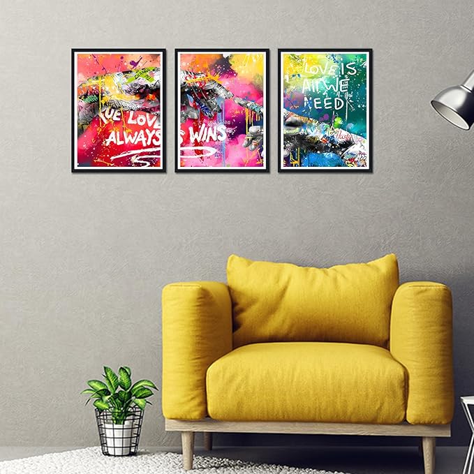 Novatique Banksy Canvas Wall Art Graffiti Street Print Pictures Hand Heart Pop Art Posters Hand Of God Graffiti Art Painting Framed for Living Room Bedroom,12" x 16" x 3Pcs