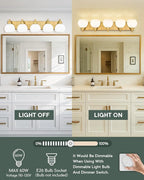Bathroom Light Fixtures, 5-Light Brushed Gold Bathroom Vanity Lights Over Mirror with Globe Milk White Glass Shade, 32 Inch Modern Vanity Lighting Fixtures, VL195-BG-ML-5