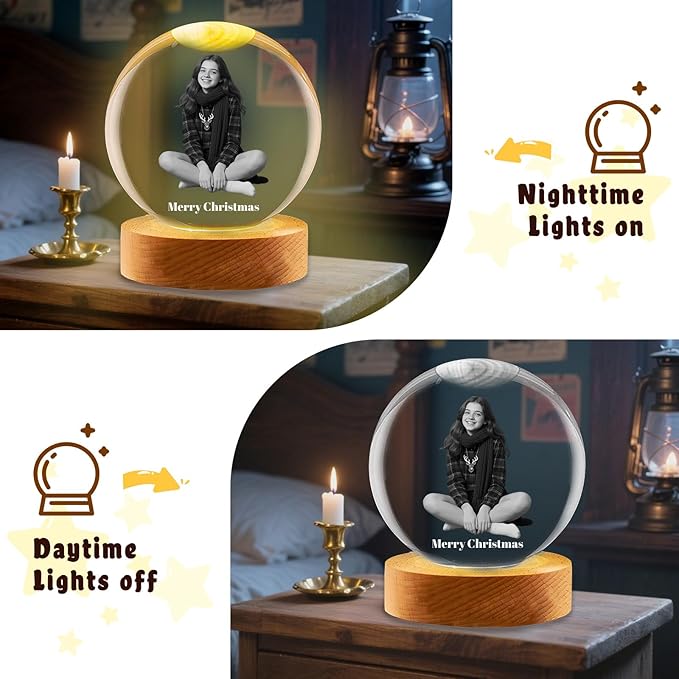 Custom Snow Globes with Photo Name Christmas Snow Globes with Light-Up Base Personalized Engraving Crystal Snowglobe Gifts for Family Women Men Kids Xmas Gift (Snow Globe)