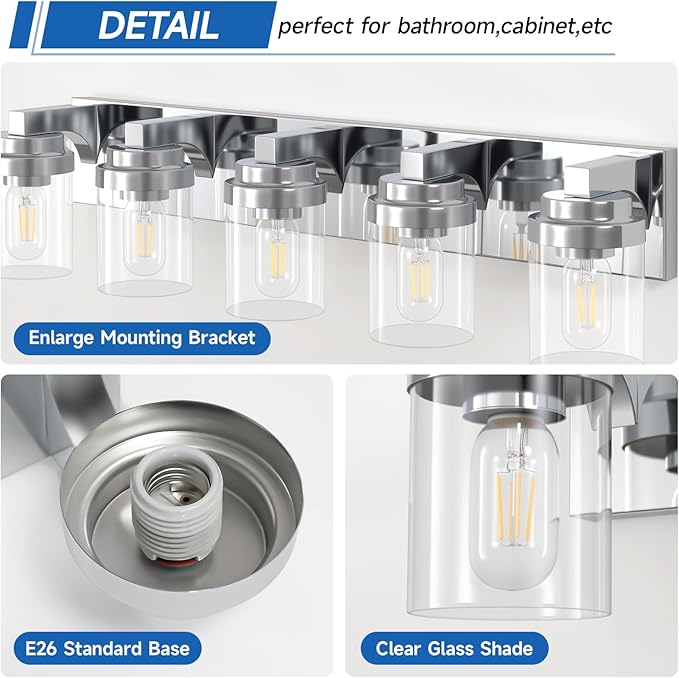 Bathroom Light Fixtures, 5-Light Bathroom Vanity Lights Over Mirror, Polished Chrome Vanity Lights with Glass Shade, 31" Modern Wall Sconce for Cabinet Porch Bedroom, Hallway E26