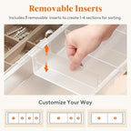 Lifewit 3 Pack Sliding Makeup Drawer Organizer Trays with Inserts, Extendable Hanging Desk Drawer Divider, 14-23" Long/1.8" High Plastic Organizer Tray in Vanity/Bathroom/Office/Kitchen, Translucent