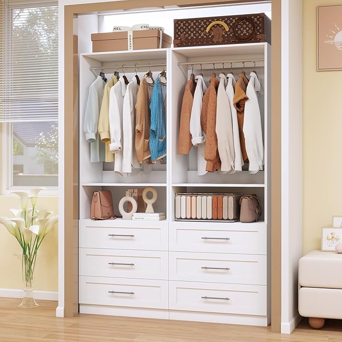 Dilando Closet System with Drawers 4FT Wood Closet Organizer System Walk-in Closet Standalone Corner Closets Storage with Hanging Rods White (4FT)
