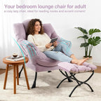 Lazy Chair with Ottoman, Modern Accent Chair with Lumbar Pillow, Velvet Light Purple Sofa, Lounge Chairs with Folding Footrest, Oversized Supportive Chairs for Bedroom, Reading
