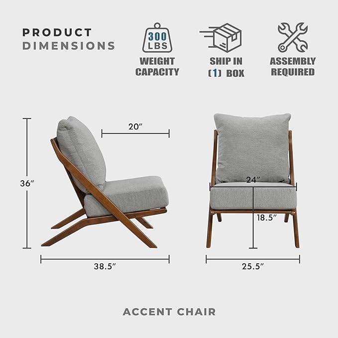 Lexicon Modern Accent Chair, Pascal Brown Solid Rubberwood Frame, Woven Chenille Upholstered Armless Chair with Reversible Cushions and Removable Covers, for Living Room, Bedroom and Office, Grey