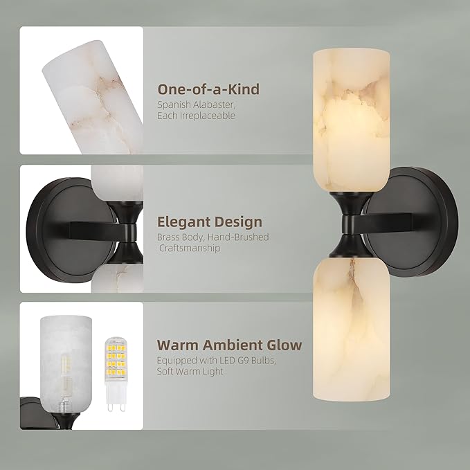 14.4in Alabaster Wall Sconce, Black Sconces with Spanish Marble, Modern Brass Wall Mounted Lamp, Hardwired LED Wall Lighting for Bathroom Bedroom Living Room Staircase Hallway Dining Room