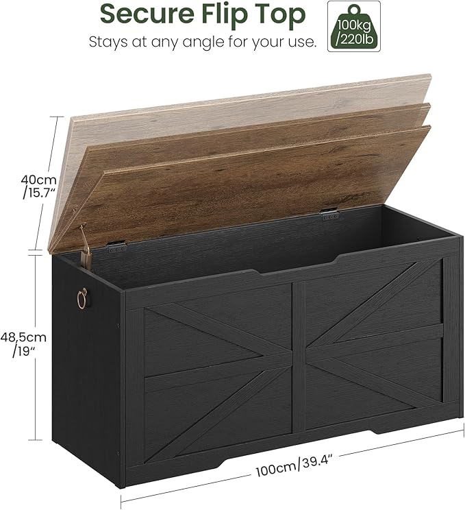 Storage Chest, 39.4" Wooden Storage Trunk, Modern Storage Bench with Safety Hinge, Toy Box, Farmhouse Style, for Bedroom, Living Room, Walnut and Black MCW10BL