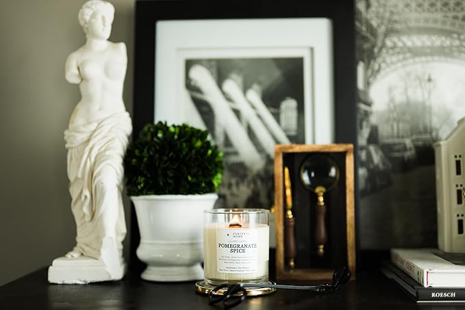 PERIPETI Home Pomegranate Spice Scented Candle, Wooden Wick – 8.5oz Natural Soy Wax for Energizing Aromatherapy, Long-Lasting Burn