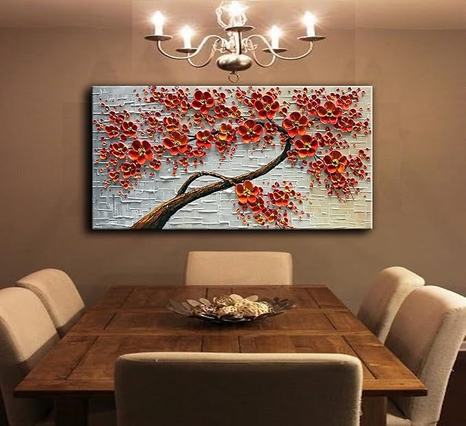 YaSheng Art -Large Size hand-painted Oil Painting On Canvas Texture Palette Knife Red Flowers Paintings Modern Home Decor Wall Art Painting Colorful 3D Flowers Tree Paintings Ready to hang 24x60inch