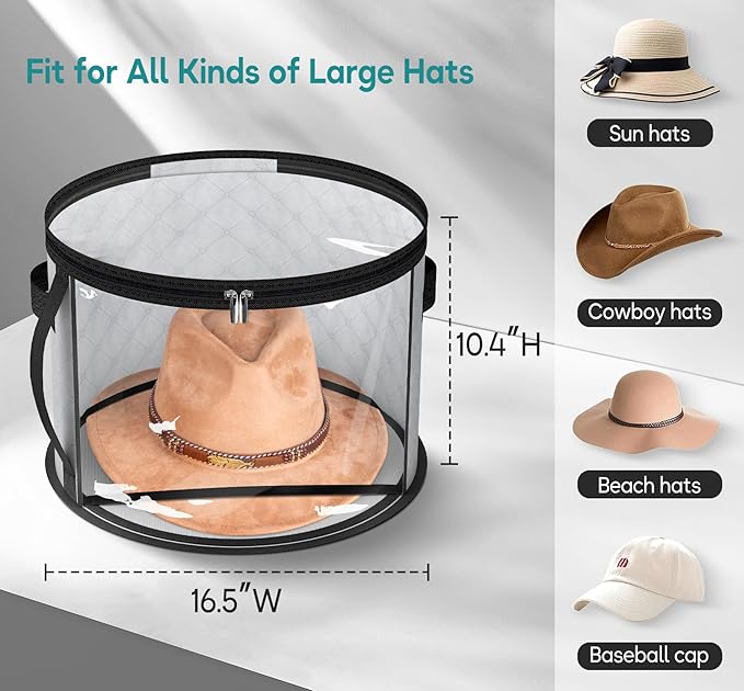 AOODA Oversized Clear Hat Storage Bag, Holds up to 7 Caps Cowboy Hat Organizer for Closet, Wide Brims Hat Case with Carrying Handles (Grey)