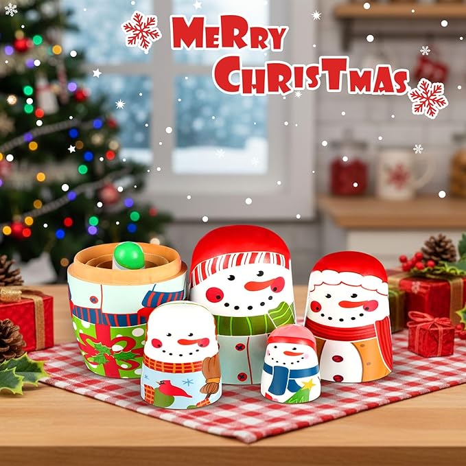 Gejoy Russian Nesting Dolls for Kids Handmade Matryoshka Wooden Stacking Toys Nesting Dolls Collectible Gifts for Winter Christmas Holiday Present Boys Girls Adults Home Decor(Snowman)