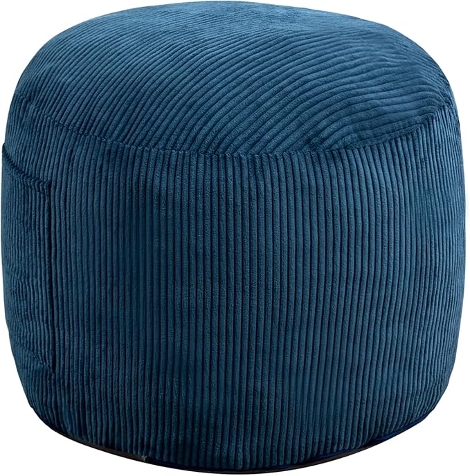 Round Stuffed Pouf Ottoman,Corduroy Foot Rest with Rebound Foam Filled, Furry and Fluffy Foot Stool Ottoman, Floor Poufs for Living Room (Blue, 20" D x 20" W x 15" H)